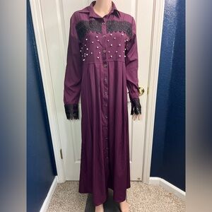 Chic Long Sleeve Purple Maxi Dress with Lace and Pearl Details